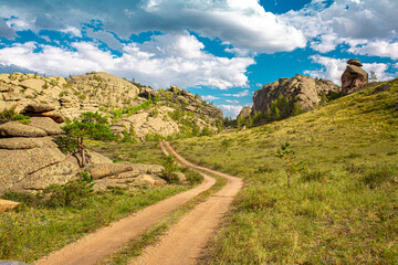 Country road among natural summer landscapes. Off-road in the fields and among rocky terrain in the mountains. A rut among the wild nature. Travel concept.