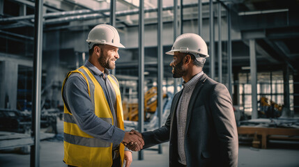 Two smiling construction workers, shaking hands at a construction site with heavy machinery in the background