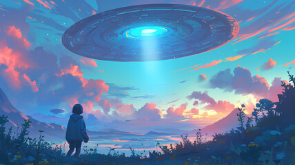 Appearance of an alien UFO as if it were landing, illustration painting background