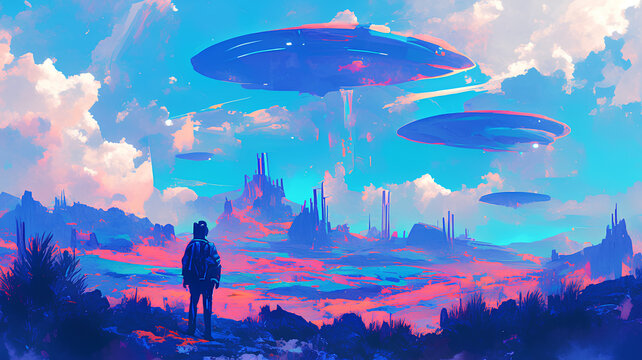 Appearance of an alien UFO as if it were landing, illustration painting background