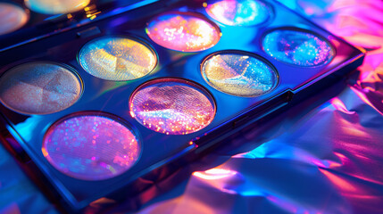 A makeup palette with various colorful iridescent highlighters reflecting light under a vivid, glowing hue