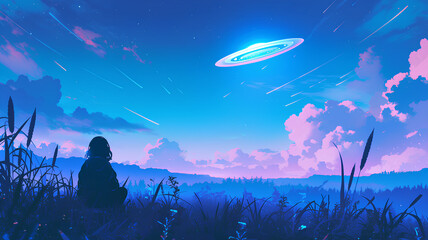 Alien UFO sighting in the fields, illustration painting background
