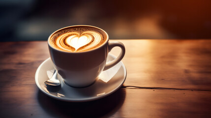 Obraz premium Beautiful cup of cappuccino with trendy heart shape latte art. Summer loft cafe. Old rustik wooden background. celebrating Valentine's day or romantic date