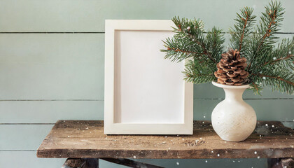 inter still life. Horizontal white frame mockup on vintage wooden bench, table. Modern white ceramic vase with pine tree branches, Christmas paper ornaments and books. White wall background.