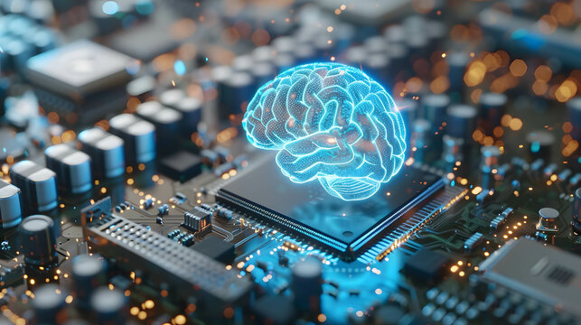 AI technology or artificial intelligence that has become a part of human life, AI helps humans work more easily, hologram brain floating out from microchip, neural network concept
