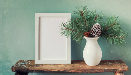 inter still life. Horizontal white frame mockup on vintage wooden bench, table. Modern white ceramic vase with pine tree branches, Christmas paper ornaments and books. White wall background.