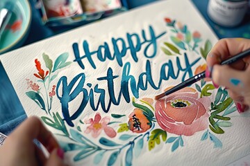 Hand-Painted Birthday Card Featuring Watercolor "Happy Birthday" Message with Artistic Floral Detail, Emphasizing Warmth and Celebration Concept