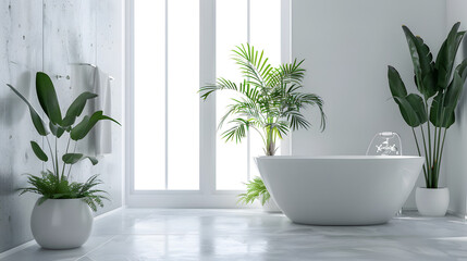 Modern bathroom with white freestanding tub and greenery, conveying a blend of nature and contemporary design