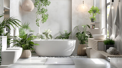 A serene modern bathroom filled with sunlight filtering through lush green plants and contemporary fixtures
