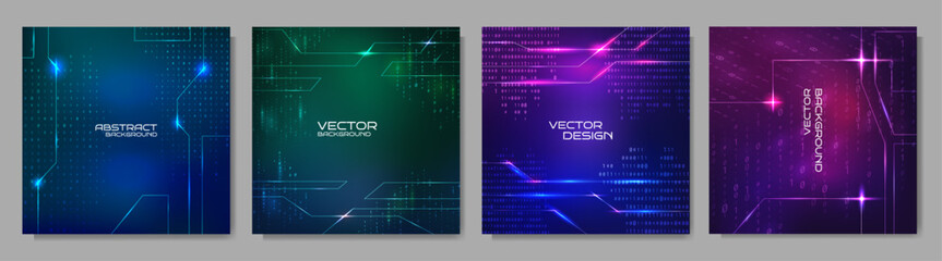 Vector illustration. Binary code background. Software programming concept. Glowing numbers and dots. Digital data. Technological style. Design for social media, web banner template