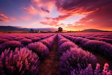 Lavender field at sunset, purple flowers under a sky of clouds