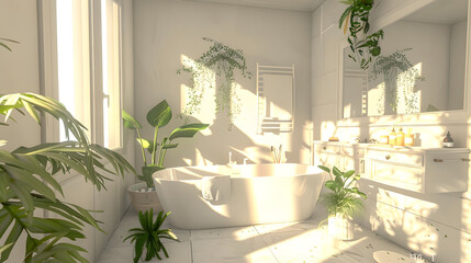 Gentle morning light illuminates a refreshing bathroom with plants and warm reflections on surfaces