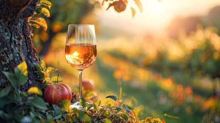 Glass of apple wine against the backdrop of a blooming garden. Free space for text.