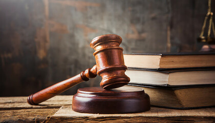 Wooden gavel and books on wooden table, law concept