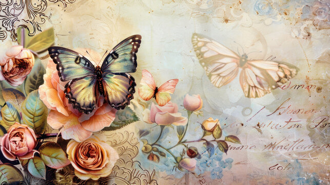 Junk journal page with beautiful colorful butterfly beetwen spring flowers on blur backgraund as wallpaper illustration, vintage retro background illustration	