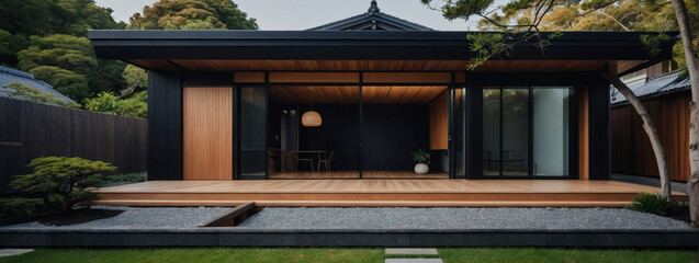 Japanese minimalist villa exterior featuring a main entrance door, black panel walls, timber wood lining, and a beautifully designed backyard landscape. - obrazy, fototapety, plakaty