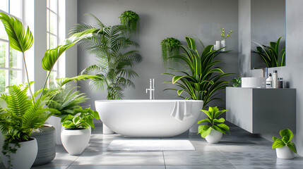 Well-lit bathroom surrounded by vibrant plants, featuring a standalone bathtub and sleek interior design elements