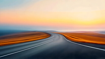 Minimalist calm background: A highway stretches into the distance, beautiful sunset in the background, warm glow, serene and calming, for mindset