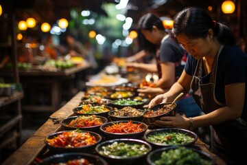 Women cooking food in bowls on table, sharing vegetables and ingredients