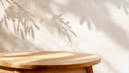 Wooden table mockup on stucco background with window shadow on the wall, beige earthy color tones