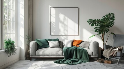 Light gray fabric three-seat modern sofa with gray and green pillows and plaid.