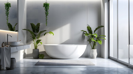 An elegant modern bathroom interior with natural light casting shadows and lush green plants for a serene atmosphere