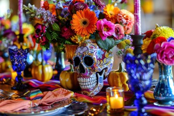 A table is set with a skull decoration and colorful flowers. The table is decorated with a variety of items, including a skull, candles, and flowers. The table setting is colorful and festive