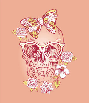 Vector illustration of female skull with bow, glasses and flowers.