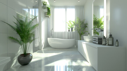 Luxuriously appointed modern bathroom bathed in sunlight with vibrant greenery and contemporary fixtures