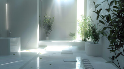Crisp white bathroom flooded with natural light casting shadows of the indoor plants on the floor