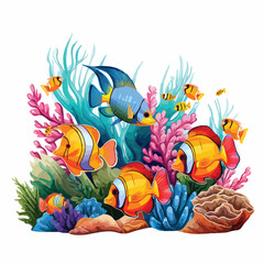 Fototapeta na wymiar A group of colorful fish swimming among coral reefs.