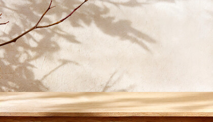 Wooden table mockup on stucco background with window shadow on the wall, beige earthy color tones