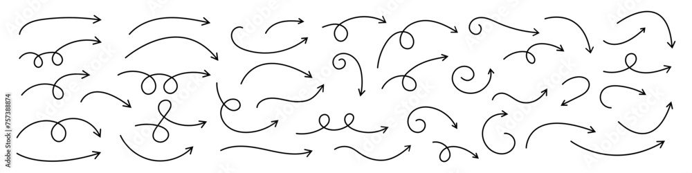 Poster collection hand drawn arrows. set simple curved arrows. collection of pointers.