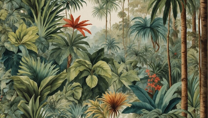 Fototapeta na wymiar Jungle landscape depicted in watercolor, creating a retro wallpaper pattern with timeless appeal.