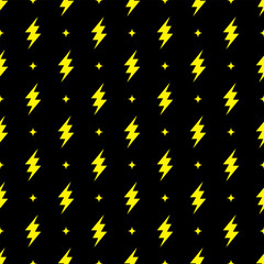 Yellow lightning bolt vector seamless pattern on black background.