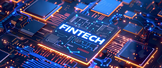 Fintech concept with a blue circuit board and chip with the text "FINTECH" on a dark background