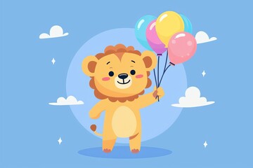 Cheerful Cartoon Animal Holding Colorful Balloons on Birthday Card, Illustrating Playful and Fun Celebration Concept
