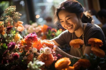 Happy woman smiles in flower shop, admiring beautiful plants and flowers - obrazy, fototapety, plakaty