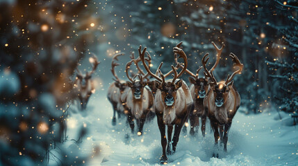 Reindeer prance, sleigh bells ring, magic fills the air. - obrazy, fototapety, plakaty