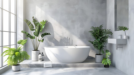 A well-lit corner of a modern bathroom with a freestanding bathtub surrounded by lush plants and daylight