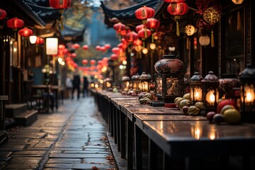 a narrow alleyway filled with lanterns and tables