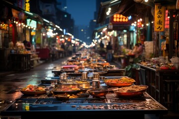 Busy city street at night lined with foodfilled tables