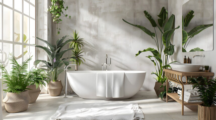 A sunlit modern bathroom featuring a freestanding white bathtub surrounded by lush green plants with bright natural light