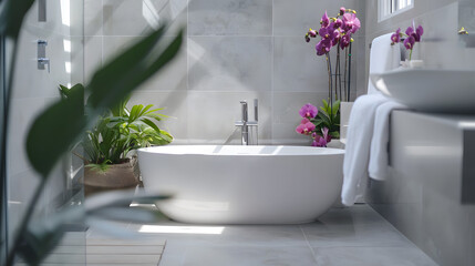 Beautifully designed bathroom with a minimalist bathtub, orchids, and verdant plants creating a tranquil spa-like atmosphere
