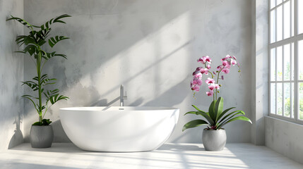 Bright minimalist bathroom with a white standalone bathtub accented by tall green plants and textured walls