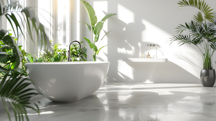 A modern, sunlit bathroom filled with green plants casting beautiful shadows on the floor with a central bathtub