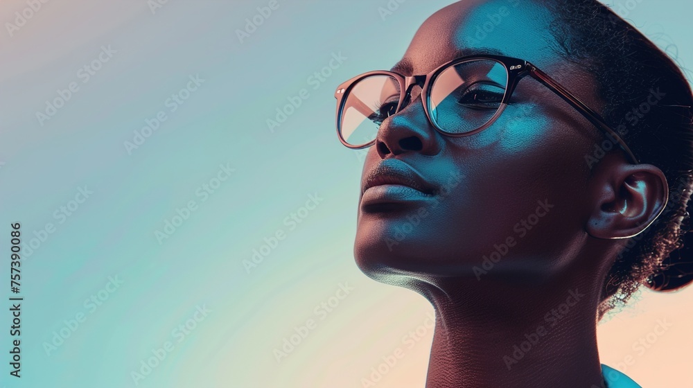 Aufkleber a poster featuring a model wearing glasses, set against a solid background. the model's pose and fac