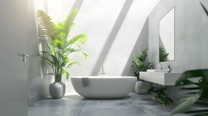 A contemporary stylish bathroom design with diffused sunlight highlighting the green plants