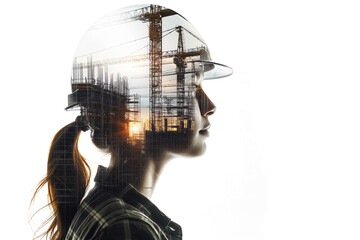 Construction site is inserted into the silhouette of a girl engineer. silhouette on white background