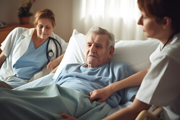 Elderly male hand holding hand young caregiver at nursing home. Care medical staff relatives. Geriatric doctor or geriatrician concept. Doctor physician on happy senior patient to comfort in hospital